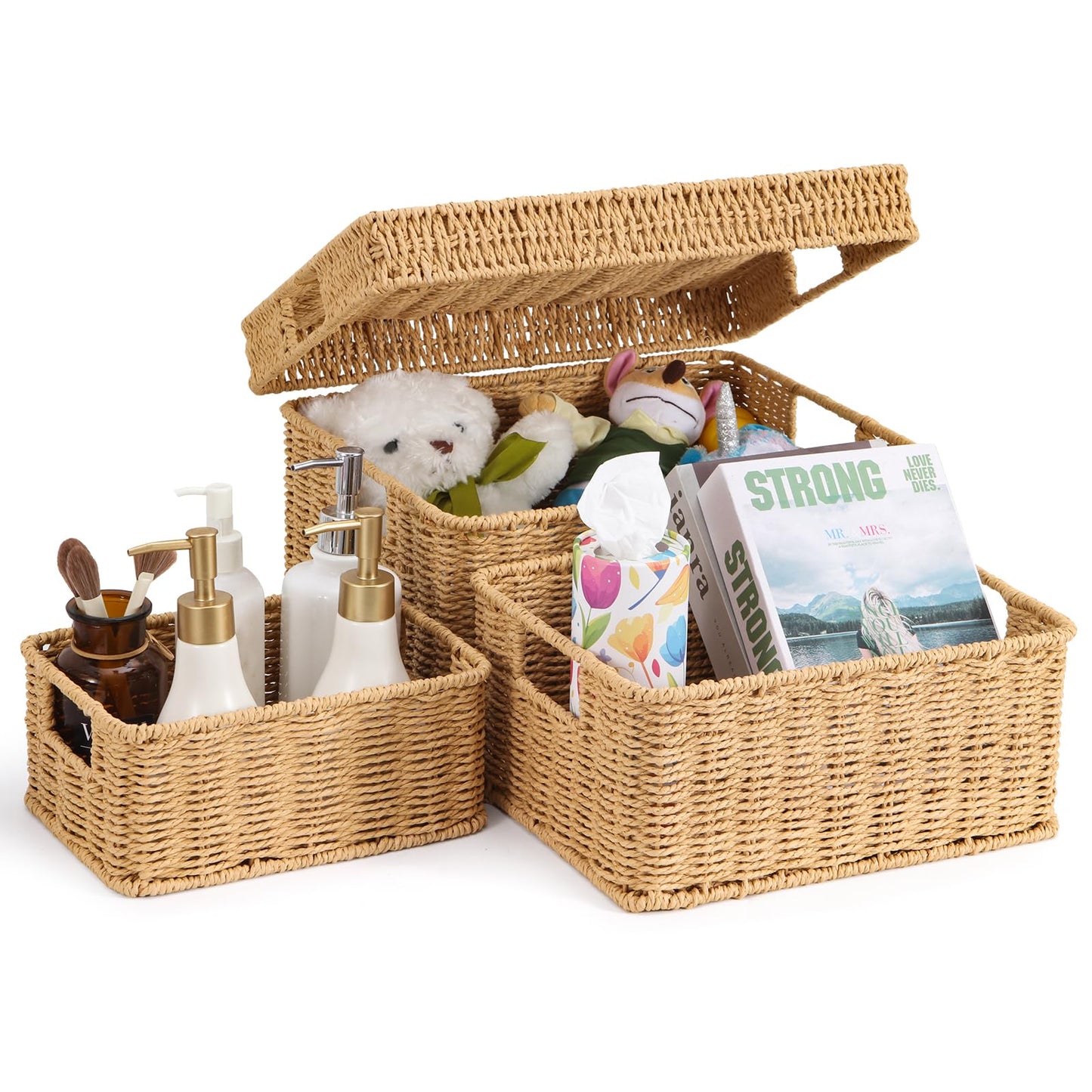 GANLUX Wicker Storage Basket with Lid - Woven Basket for Storage,Rectangular Decorative Boxes Bins with Lids for Shelves,living room, Nursery, 3 baskets+1 lids(Natural)