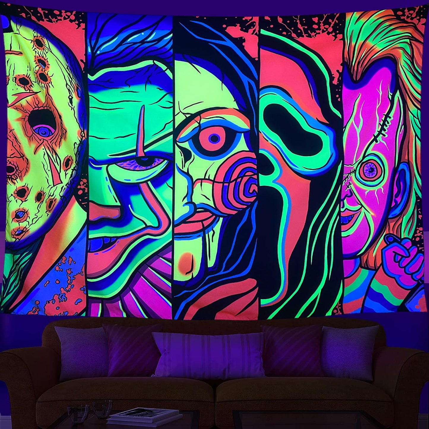 Black Light Art Halloween Wall Decor Trippy Blacklight Horror Face Tapestry, UV Reactive Tapestries Glow in The Dark Party Tapestry for Bedroom, Living Room (51" x 59")