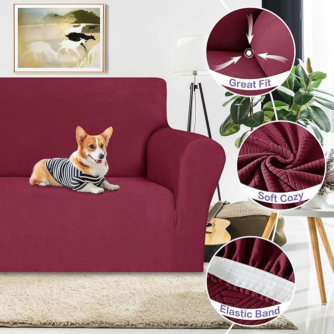 ZNSAYOTX Super Stretch Couch Cover (72"-92"), New Striped Sofa Covers Fitted Slipcovers with Elastic Bottom, Dog Cat Pets Proof Spandex Fabric Comfortable & Durable (Wine Red, Sofa)