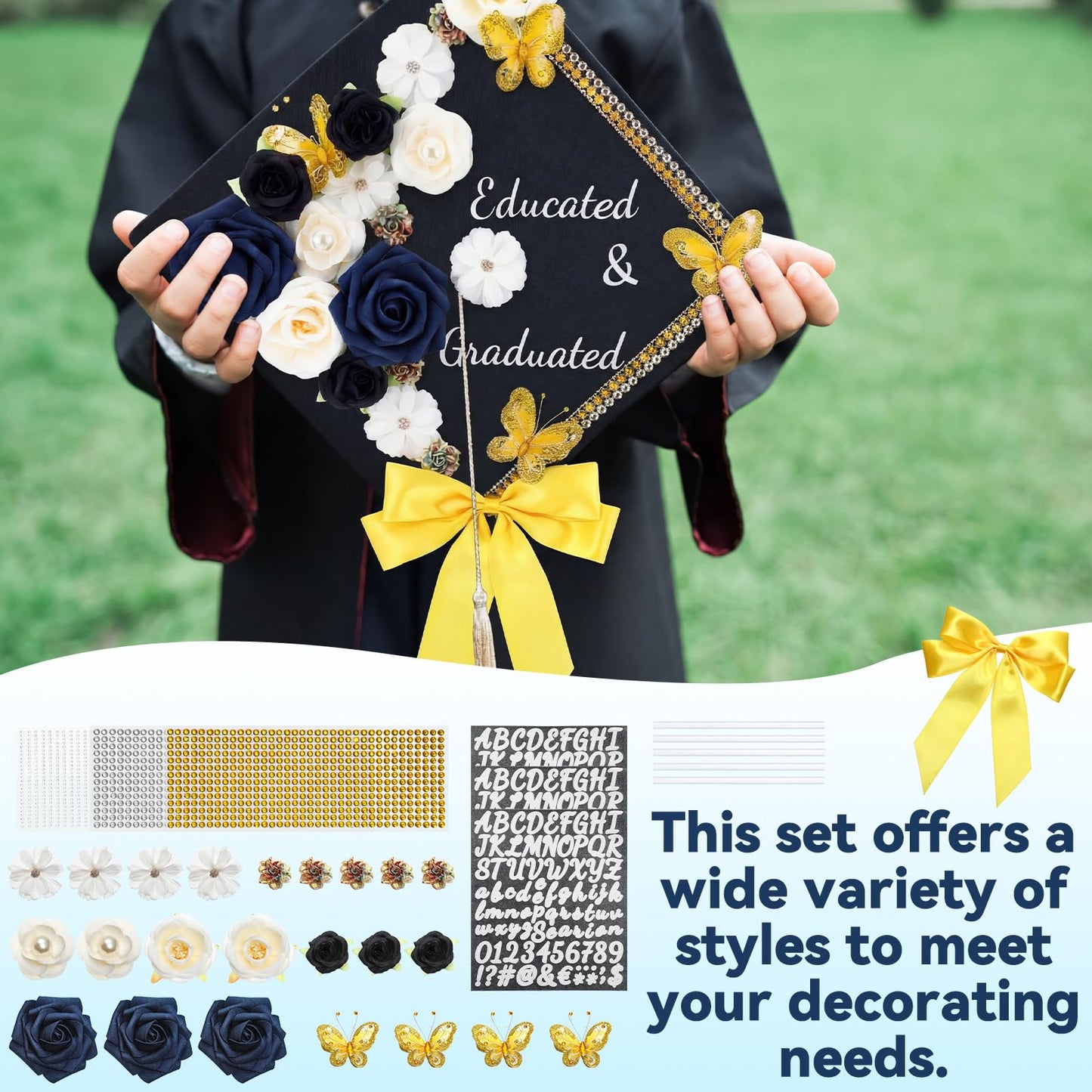 Knitgrip 33 DIY Graduation Cap Decorations Kit Blue 2026 Grad Cap Decor with Bow 3D Butterfly Faux Flowers Self-adhesive Rhinestones Letter for DIY Educated and Graduated Grad Hat Topper