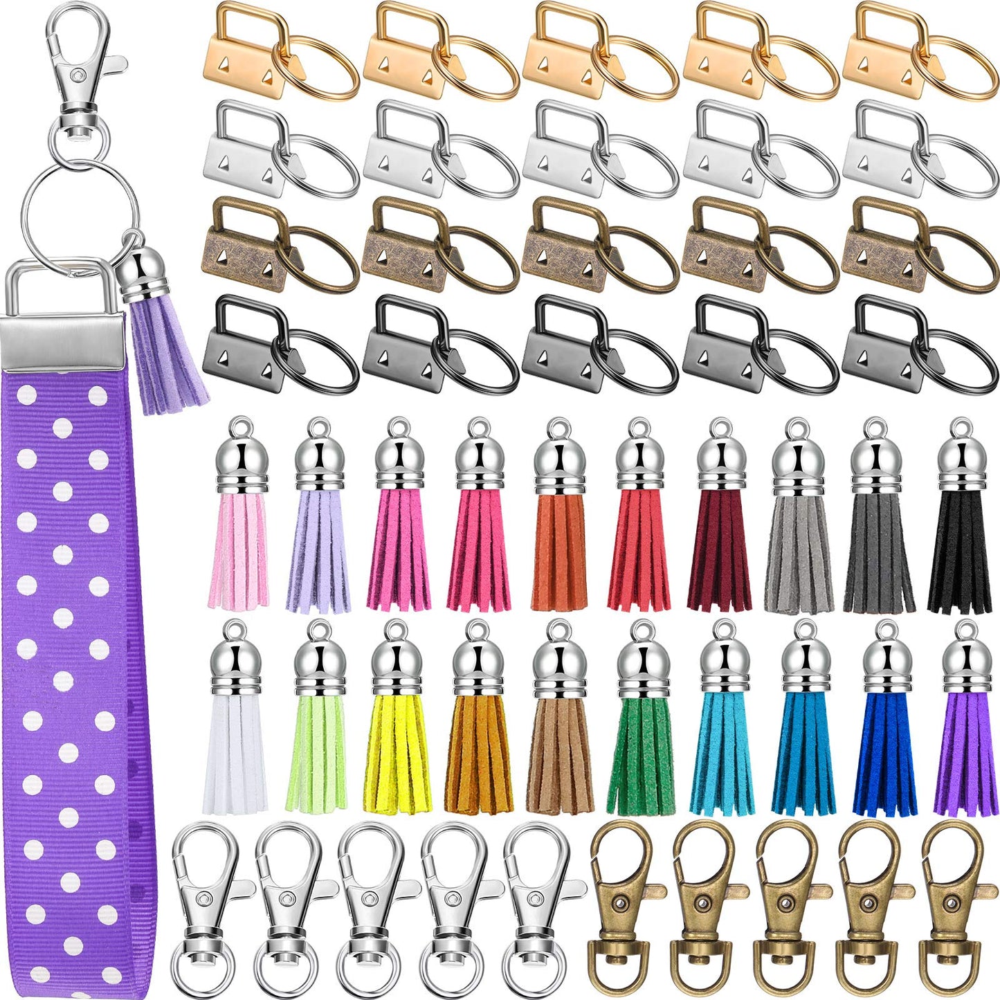 60 Pieces Key Fob Hardware Set, 20 Key Fob Hardware Wristlet with Ring 20 Leather Keychain Tassels 20 Swivel Snap Hooks for Keychain Making Supplies (Silver, Bronze, Gun-Black, Gold)