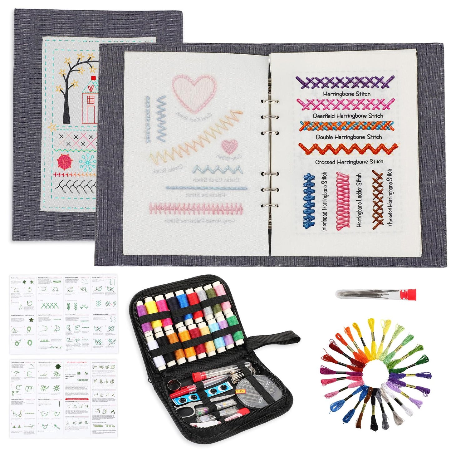 COLORCASA New Embroidery Stitch Book Kit,Embroidery Learning Book,Comes with a Complete Tool kit and Instructional Tutorial,106 Patterns for Beginners Craft Lovers and Sew Enthusiast