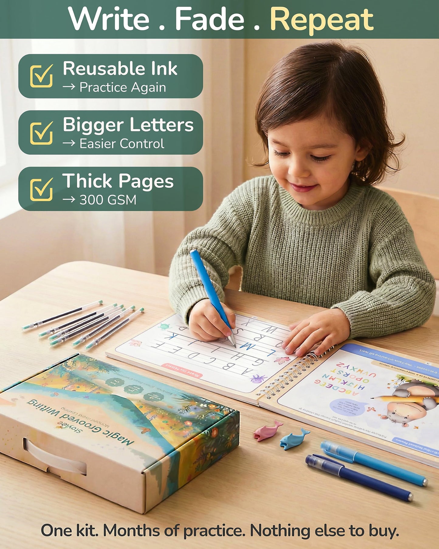 Stoybee Magic Grooved Writing Practice for kids | Deep Grooved Handwriting Practice for Kids Ages 3-7 | Large Pages, Big Letters, Reusable, 15 Refills | Montessori Groove writing Preschool Workbook