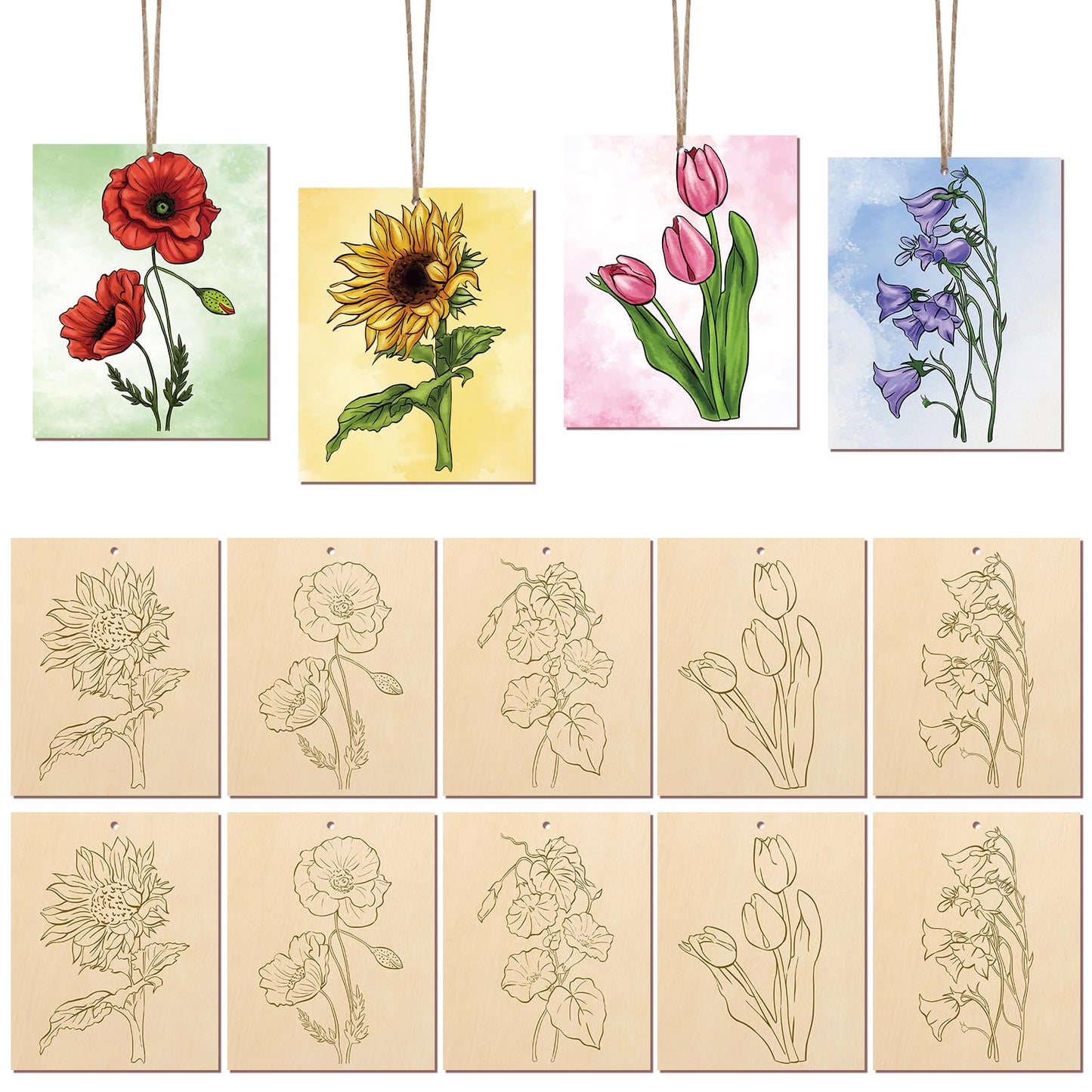 COCHIE 10 Pieces Large Flowers Unfinished Wood Crafts to Paint for Adults, Bulk Predrilled Wooden Ornaments for Painting, Tulips Flower Paintable Wood Slices Craft Supplies with Ropes
