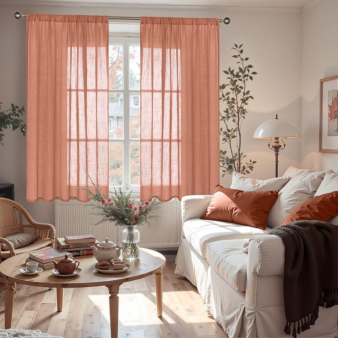 BGment Terracotta Short Linen Curtains 48 Inch Length, Burnt Orange Light Filtering Drapes Semi Sheer with Rod Pocket Rustic for Small Living Room Bedroom Lightweight, 2 Panels Set, Each 42 Inch Wide