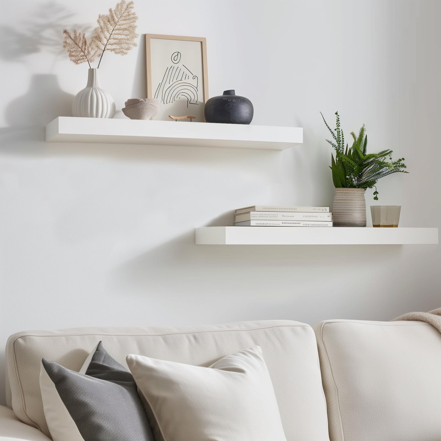 INHABIT UNION White Floating Shelves for Wall-24in Wall Mounted Display Ledge Shelves Perfect for Bedroom Bathroom Living Room and Kitchen Decoration Storage (Set of 2)