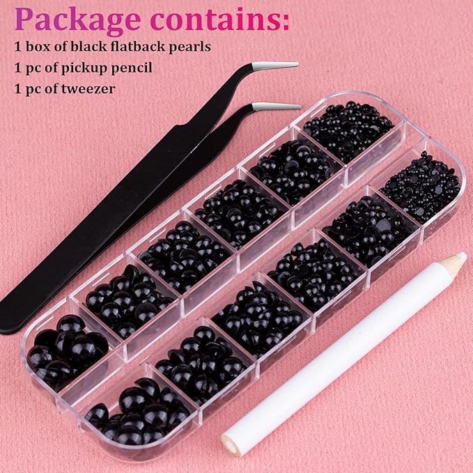 Belleboost Flat Back Pearls Kits 1 Box of Flatback Black Half Round Pearls with Pickup Pencil and Tweezer for Home DIY and Professional Nail Art, Face Makeup and Craft