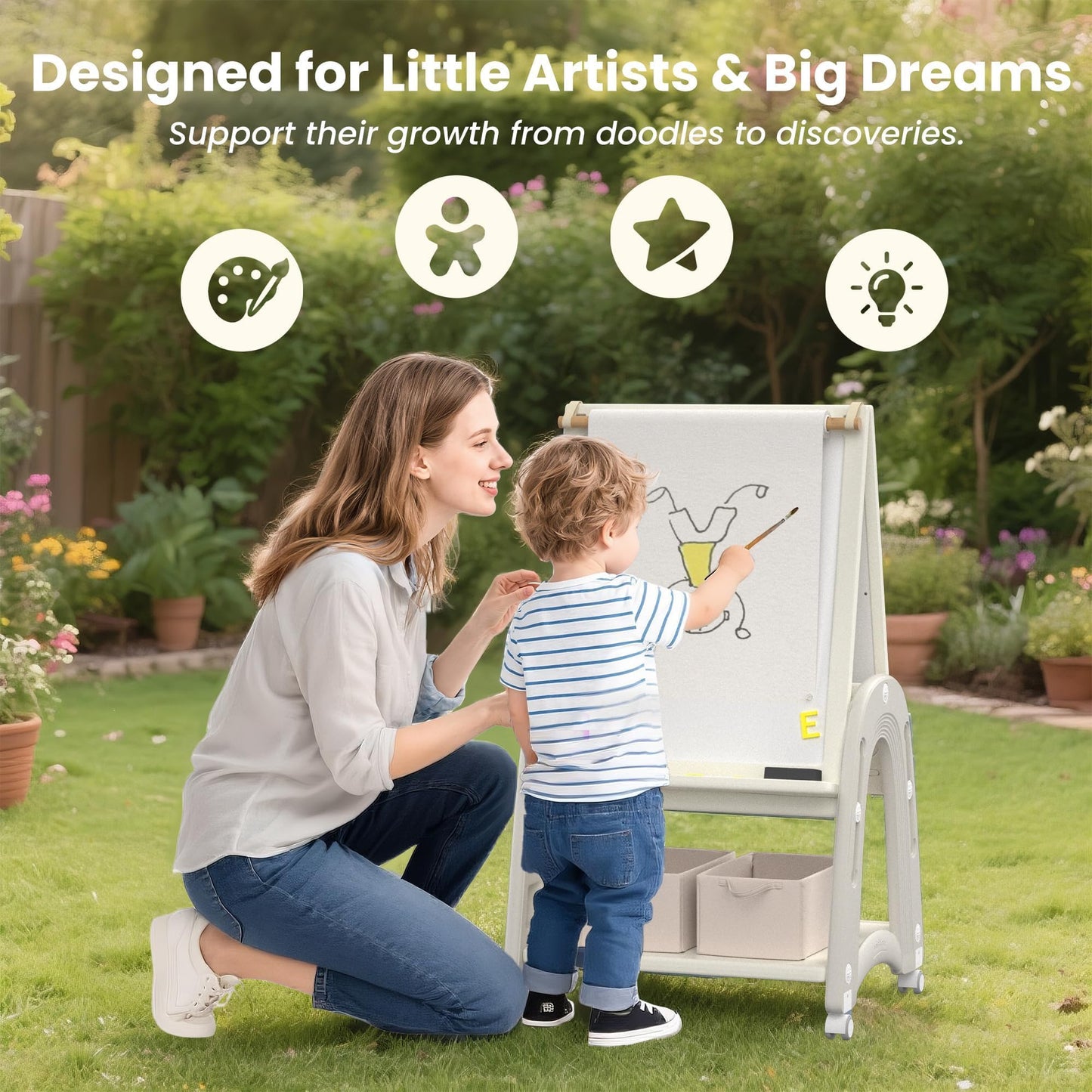 hoopyosms Art Easel for Kids 2-4 with Wheels, Whiteboard, Chalkboard & Paper Roll Adjustable Height 3-in-1 Toddler Easel for 2-4 Year Old Painting Easel for Kids with Storage & Accessories, Grey
