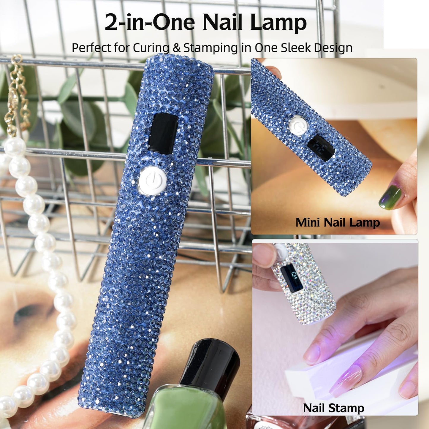 keeyada Handheld UV Nail Lamp with Sparkly Rhinestones, 3W Portable LED Nail Lamp, Wireless Rechargeable USB Nail Dryer with Silicone Stamper, LCD Display, Ideal for Home DIY Manicures (Light Blue)