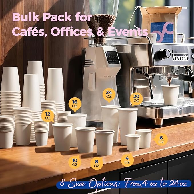 Fit Meal Prep 100 Pack 16 oz Disposable Paper Coffee Cups, Premium Hot Cups for Hot/Cold Beverage, Durable Thickened White Paper Cup Bulk for Party, Office, Bussines, Cafes, Bistros, Daily Use
