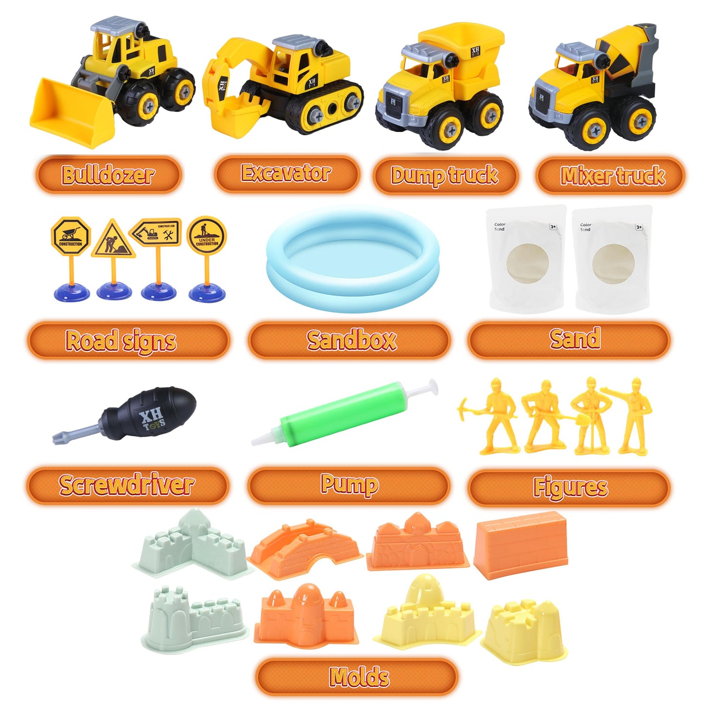 YIDESTARS Play Construction Sand Kit,2.2lbs Magic Sand W/4 Large Take Apart Construction Trucks,1 Sandbox,8 Worker Figures and Road Signs,8 Molds,Toys for 2-8 Years Old Boys Girls
