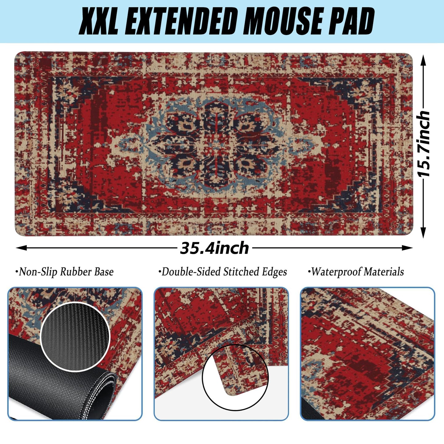 Desk Mat,Boho Carpet Style Large Gaming Mouse Pad for Desk XXL,Bohemian Rug Desk Pad,Extended Big Computer Keyboard Mouse Pad with Non-Slip Base and Stitched Edges 35.4"x15.7"