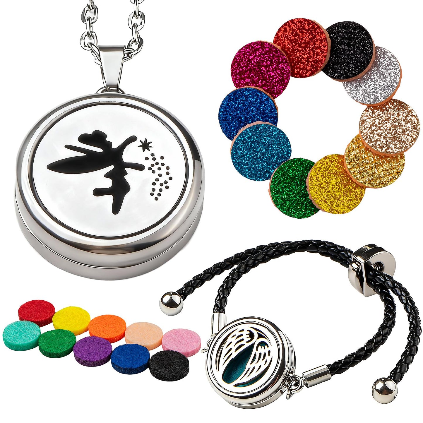 Essential Oil Diffuser Necklace & Bracelet Set 2pcs, Elf Aroma Locket Necklace + Wings Diffuser Bracelet Adjustable with 20 Refill Pads Jewelry, Christmas Anniversary Birthday Gifts for Women