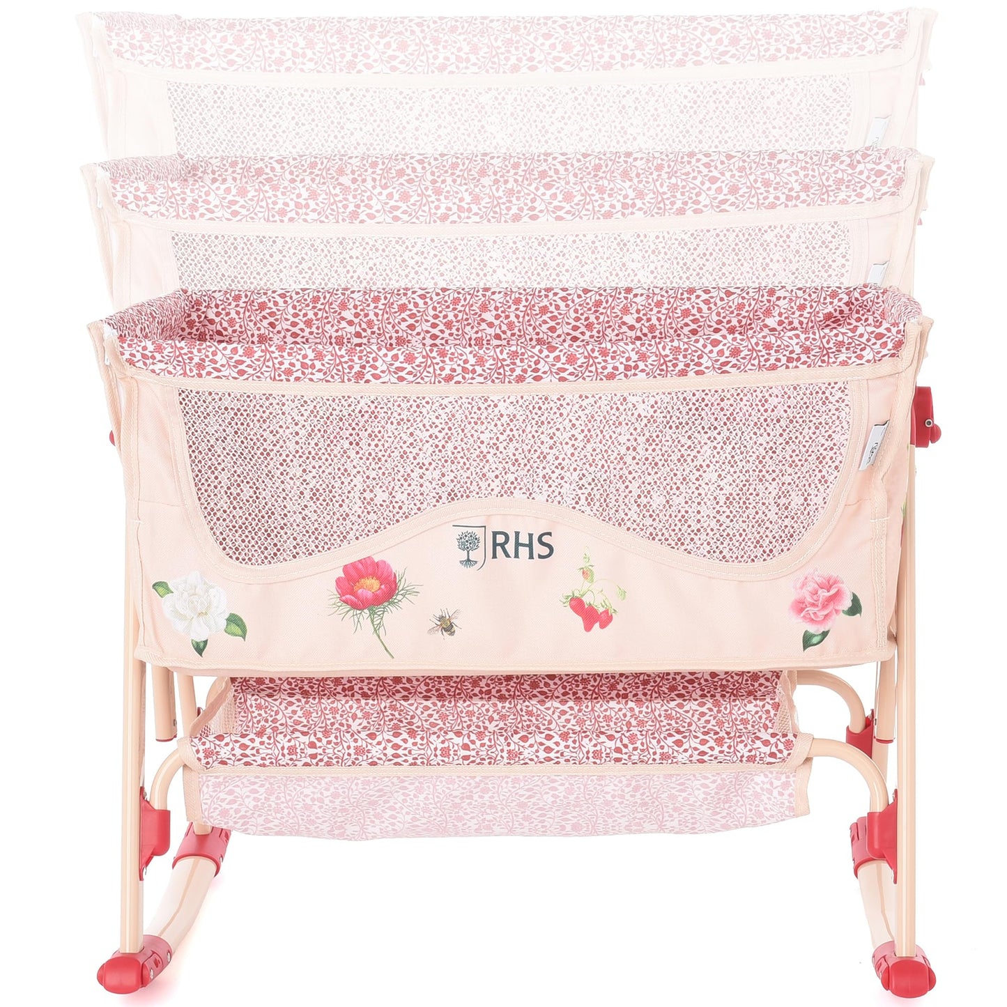 Roma Prams: RHS Doll Bedside Crib - Flora - Cream & Red, Rocking & Stationary, Bedtime Accessory, Adjustable Height, Storage, Roleplay Toy, Kids 3+