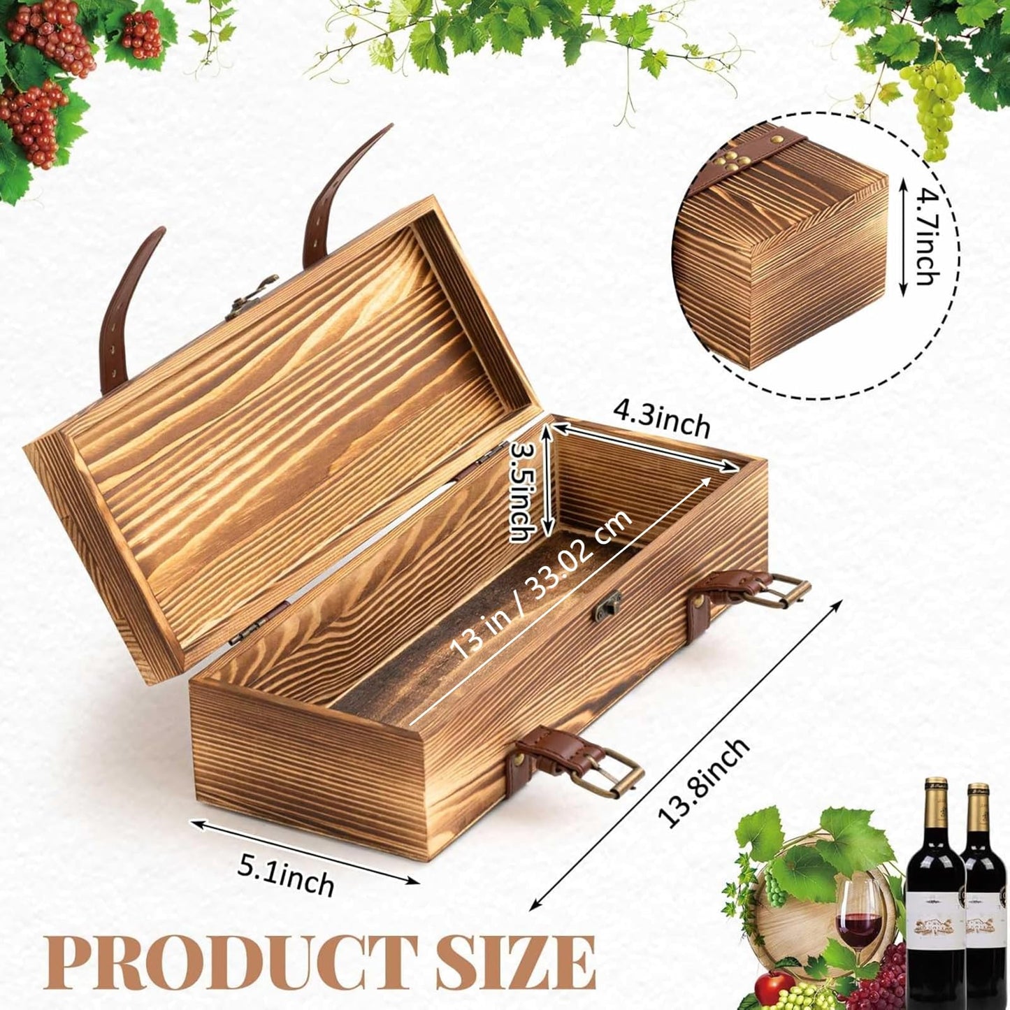 Briwooody 1 Pack Vintage Wooden Wine Gift Box - Rustic Wine Bottle Gift Case Single Bottle Holder with Leather Buckle Straps and Locking Latch for Birthday, Wedding, Anniversary, Housewarming