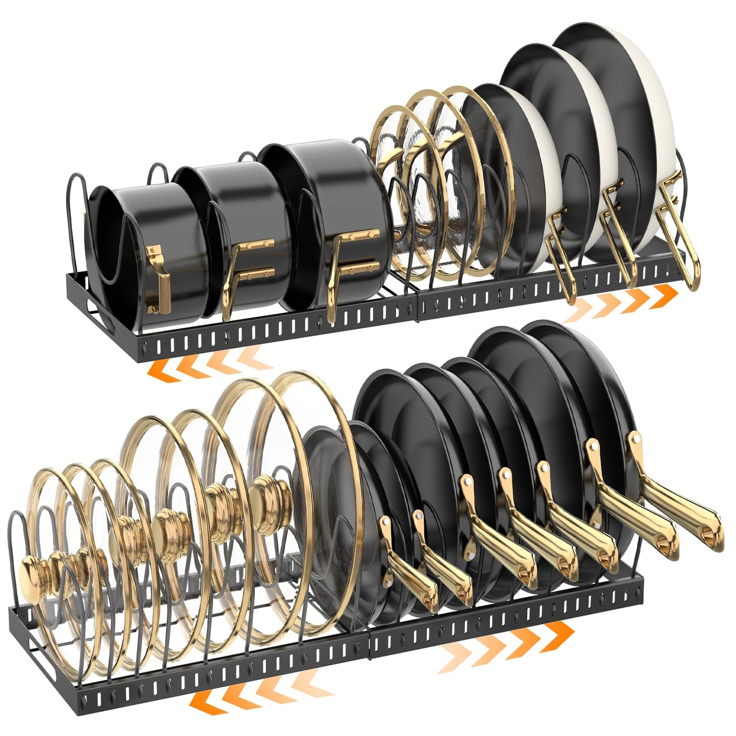 2PACK Expandable (12"-24") Pots and Pans Organizer Under Cabinet with 32 Adjustable Dividers for Kitchen, Pot Lid Organizers Inside Cabinet, Pan Lid Holder, Rust-Resistant Lid Storage, Easy to Clean