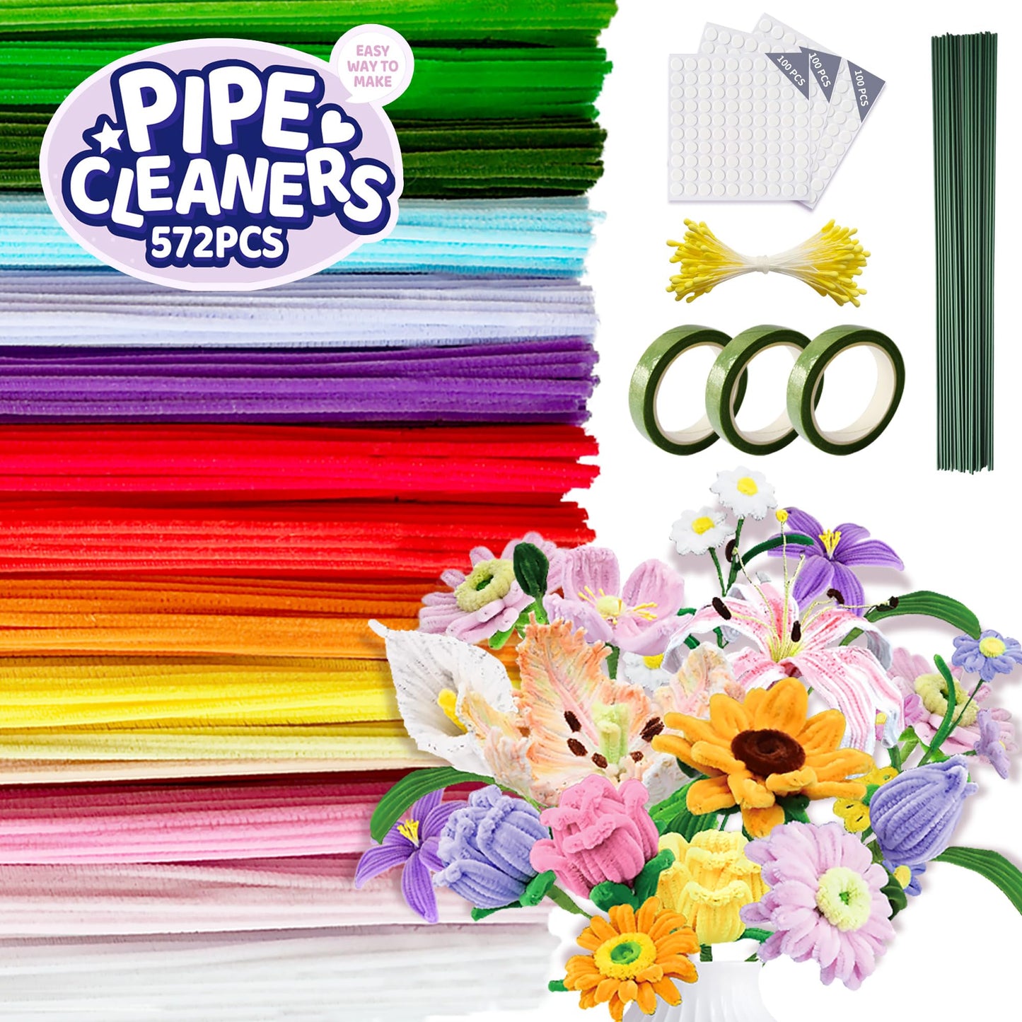 POMBUDS 572 PCS Pipe Cleaners Flower Kit, 13 Colors Chenille Stems with Floral Wires, Stamen, Tapes, Dot Glue, Instruction & White Box – DIY Craft Set for Handmade Bouquets