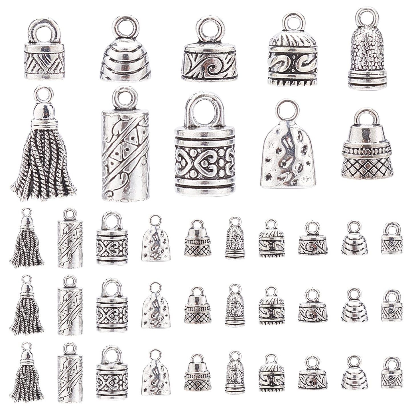 PH PandaHall Cord Ends Caps, 117pcs 10 Styles Tibetan Alloy Leather Cap Glue in Barrel End Caps Tube Crimp Beads End Caps Thread Ends for Kumihimo Jewelry Making Bracelet Necklace 4~8mm