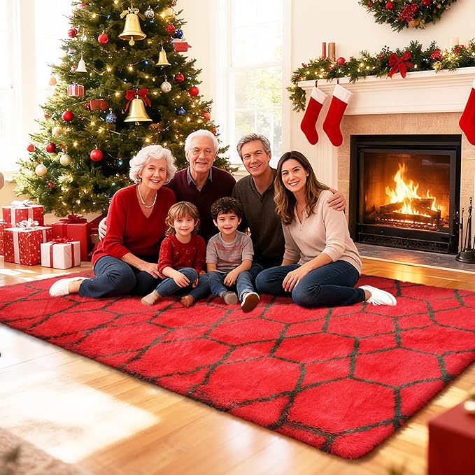 8x10 Fluffy Area Rugs for Living Room,Shag Area Rug for Bedroom,Geometric Soft Fuzzy Rug Non-Shedding Indoor Plush Carpet for Kids Bedroom Nursery Home Christmas,Red and Green