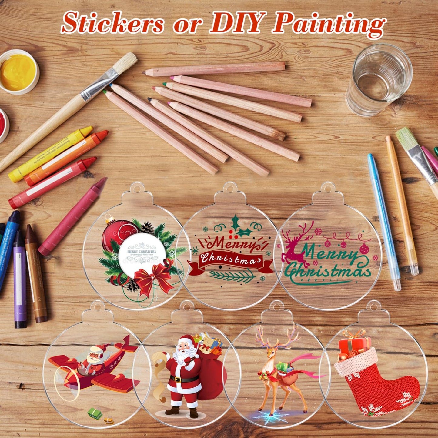 Acrylic Ornaments Blanks, 50Pcs Acrylic Blanks & 50Pcs Stickers, DIY Christmas Ornaments, Blanks Ornaments with a Red Roll Ribbons for Christmas Tree Decoration(4 Inch)