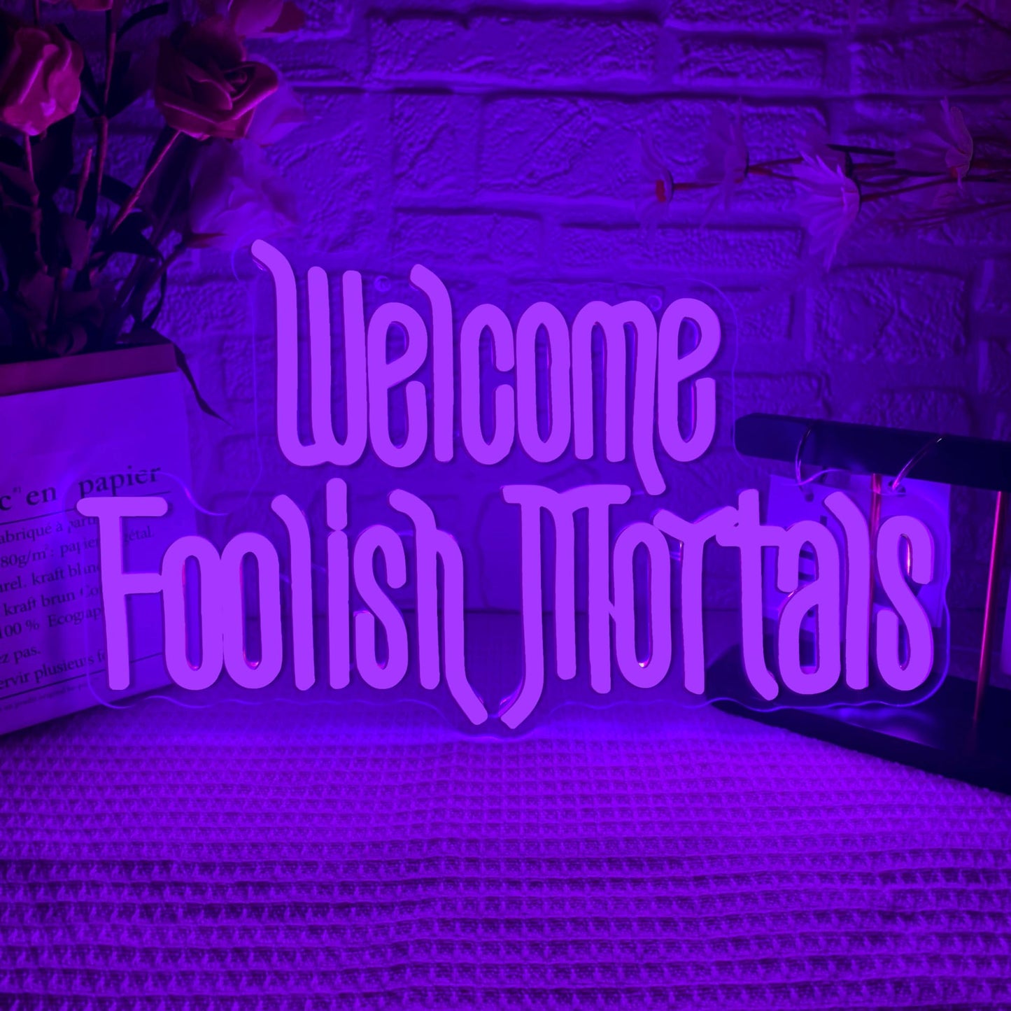 Welcome Foolish Mortals Neon Sign,Dimmable Spooky Gothic Purple Haunted Mansion Coffin LED Neon Signs for Wall Decor,USB Powered Led Neon Light for Haunted House Man Cave Halloween Party Birthday Gifts