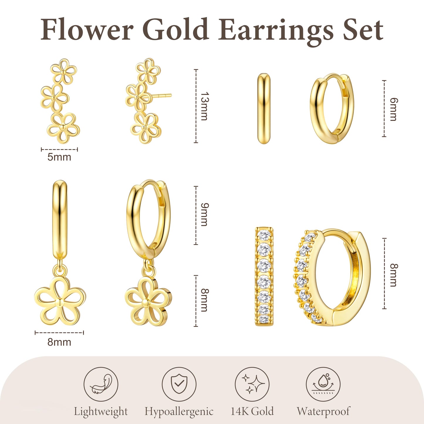 Gold Flower Earrings for Women,Huggie Small Stack Cartilage Stud Hoop Earring Sets for Multiple Double Piercing, Conch Helix Rook Tragus Daith Piercing Gold Clip On Jewelry Set Gifts