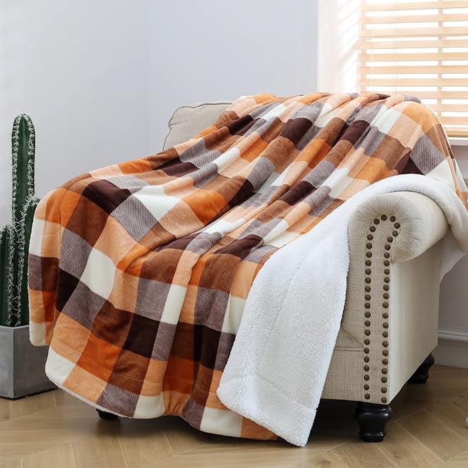 SOCHOW Buffalo Plaid Sherpa Fleece Throw Blanket, Double-Sided Checkered Super Soft Luxurious Bedding Blanket 50 x 60 inches, Orange