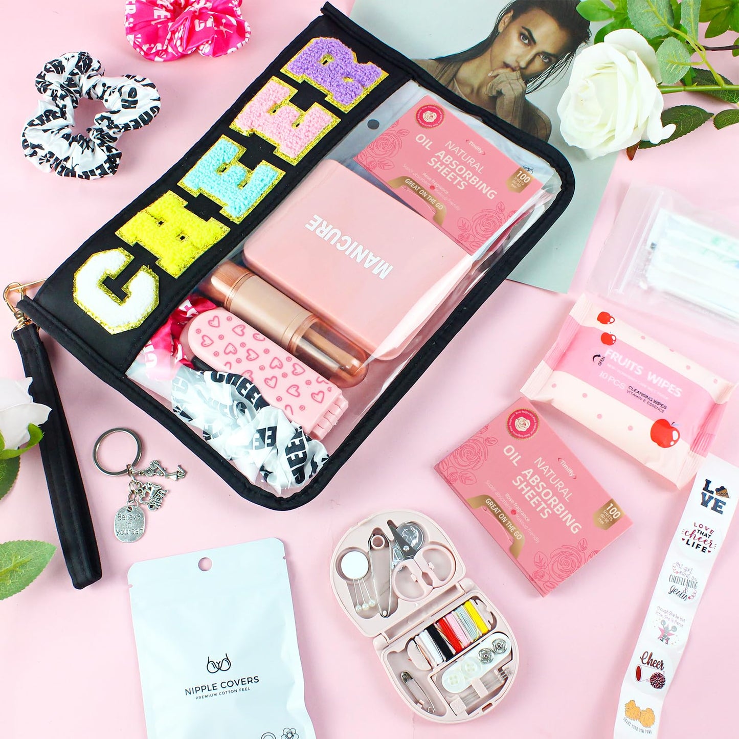 Bumaeu Cheerleading Essentials Kit Over 70 Pieces with Emergency Supplies and Waterproof Makeup Bag