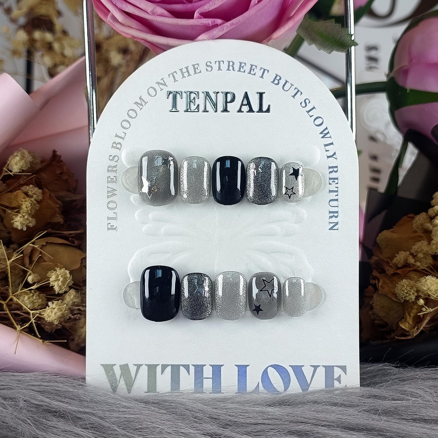 TENPAL Glitter Cat Eye Press On Nails 10 Pcs with Tools Kit - Handmade Black Grey Starry Sparkle Glue on Nails, Glossy Short Square Edgy Sweet False Nails,Reusable Fake Nails for Date Night Party(XS)