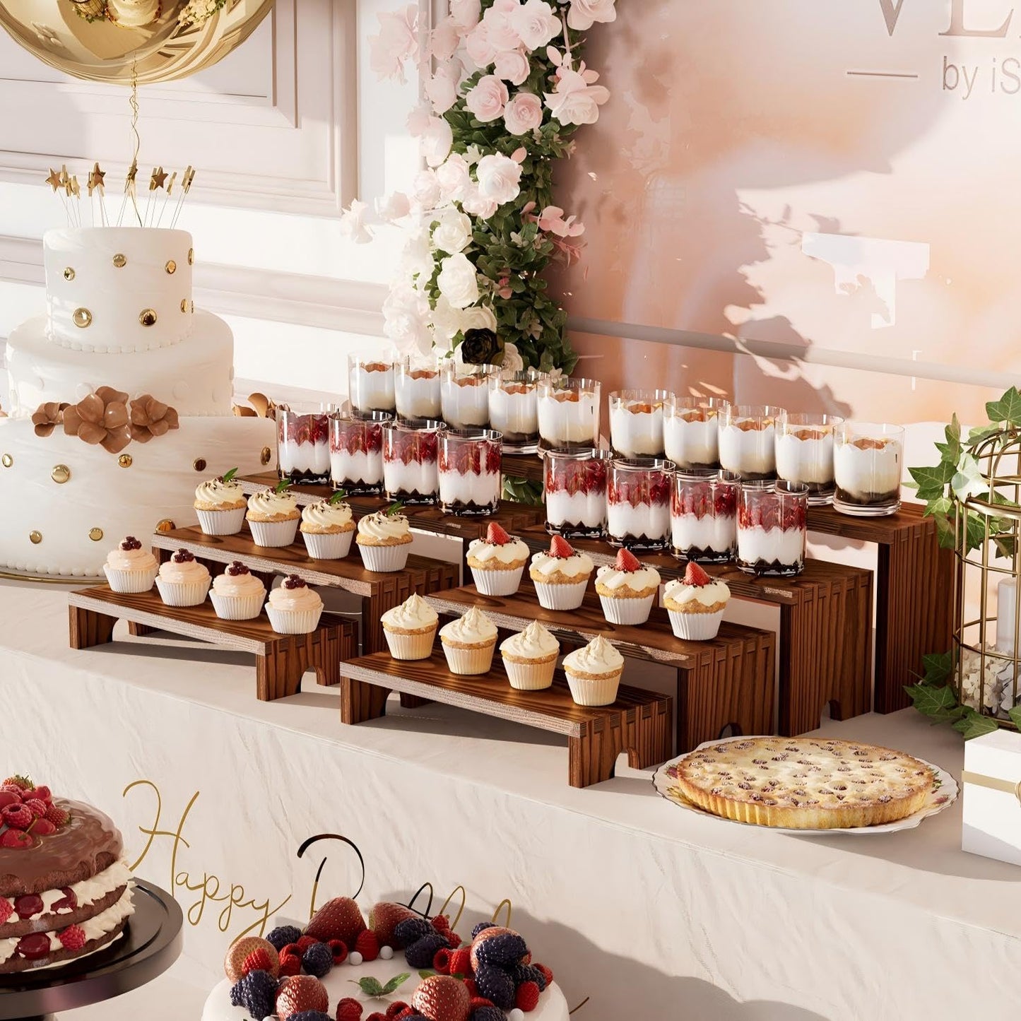 2 Set Wooden Tiered Risers Display Stands for Vendor Events,Stackable Wood Cupcake Display Stand,Farmhouse Decor Wood Dessert Table Display Set,Vendor Booth Display Items,Food Display Risers for Party