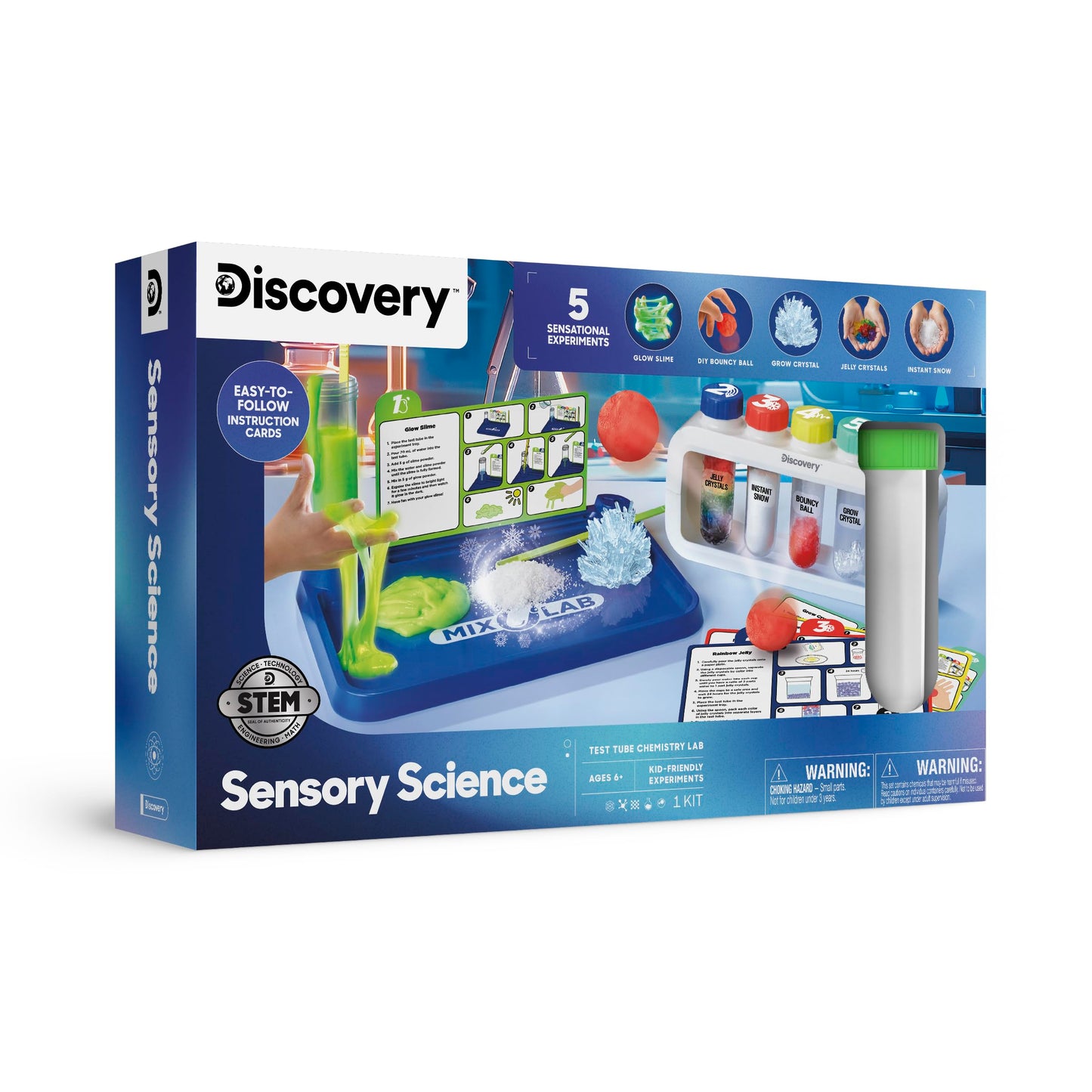 Discovery Sensory Science Test Tube Chemistry Lab| 5 STEM Experiments| Glow Slime, DIY Bouncy Ball, Crystal Growing, Instant Snow| Science Kit for Kids| Educational Learning Toy| Gift for Ages 6+