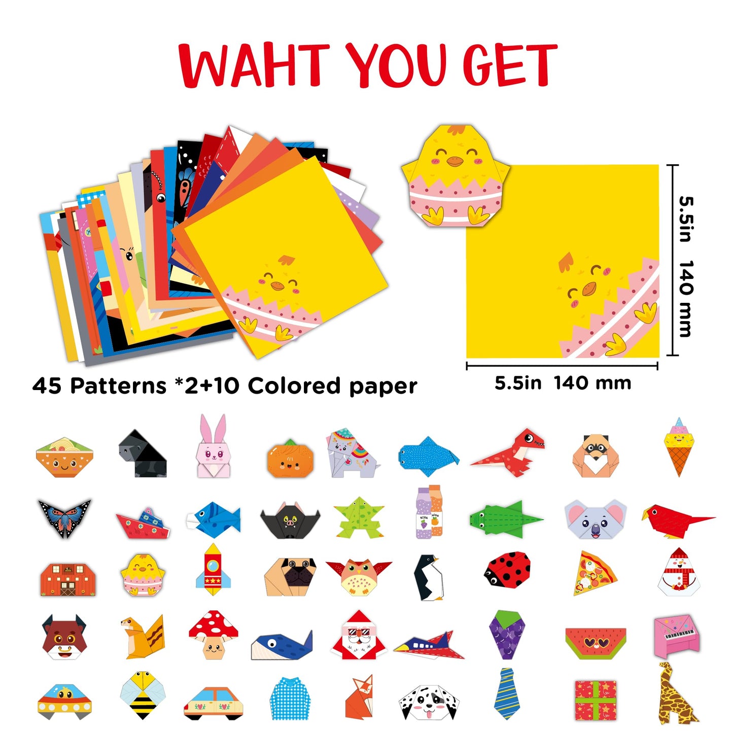 Origami Kit for Kids Ages 5-8 8-12, 100 Sheets Double Sided Colorful Folding Paper (45 Patterns×2+10Blank) with Clear Guiding Book, Animals Dinosaur Art Activity DIY Craft Set Gift for Girls Boys