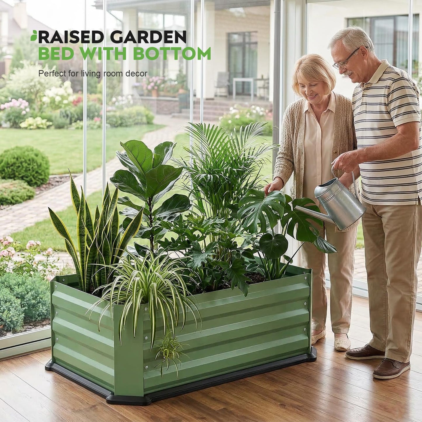 2 Pcs Galvanized Raised Garden Bed with Bottom, Indoor Metal Raised Garden Beds, Easy Assembly No leaks & Rust-Proof Flower Bed, Outdoor Planter Box for Vegetables, Herbs, Patio, Balcony, Green