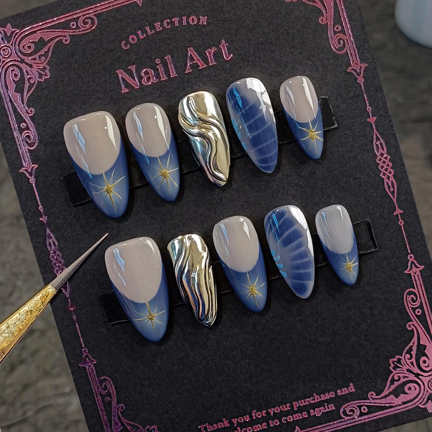 TENPAL Metallic Fake Nails With Crocodile Star Pattern,French Tip Press on Nails Almond,Blue Nails Press ons, Handmade Glue On False Nails,Acrylic Y2k Artificial Nails Tips 10pcs/Box,Small Size
