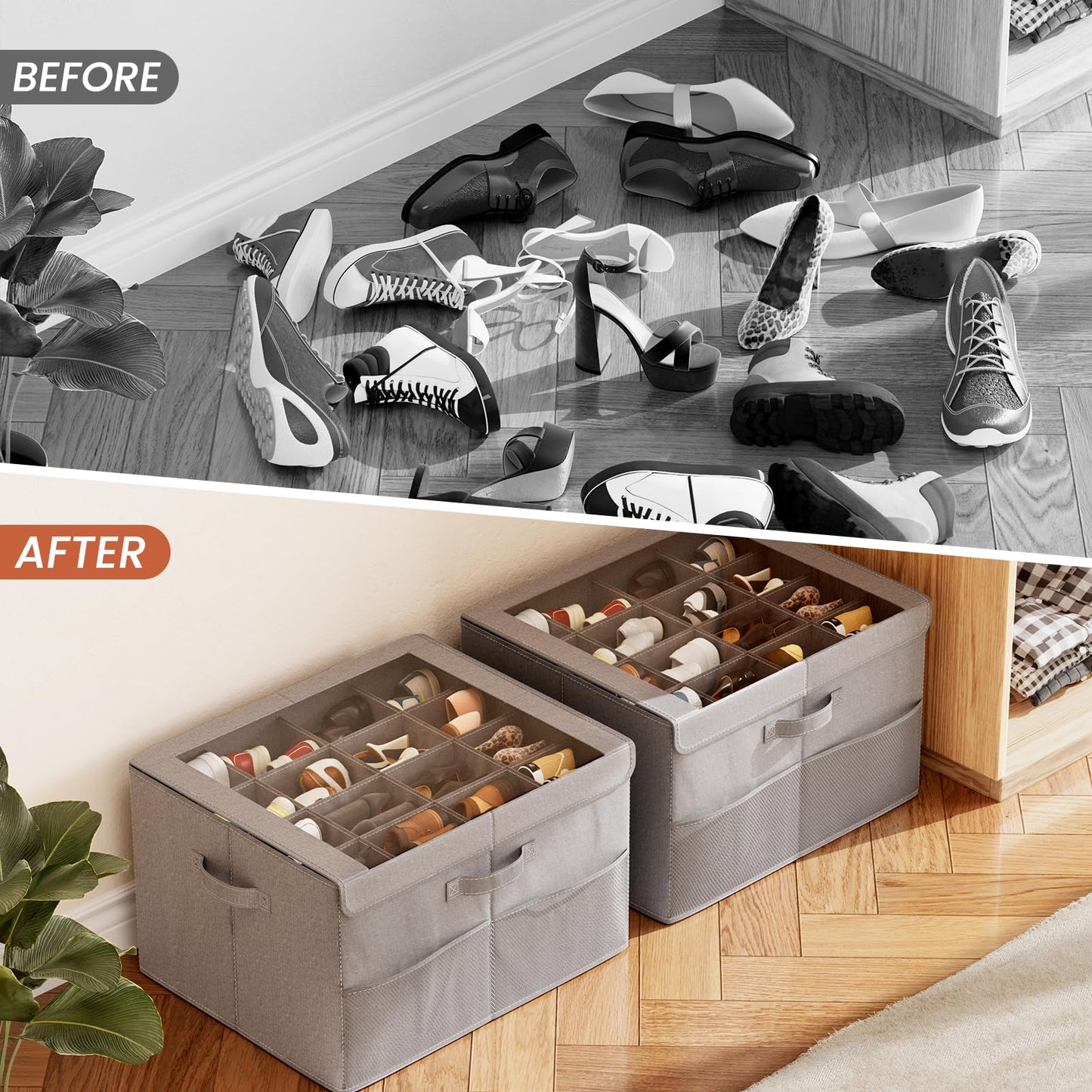 PHINOX Shoe Organizer for Closet, Fits up to 16 Pairs, Shoe Storage Bins with Clear Cover and Reinforced Handles, Foldable Shoe Storage Organizer, Space Saving Shoe Holder for Wardrobe, 2 Pack Grey