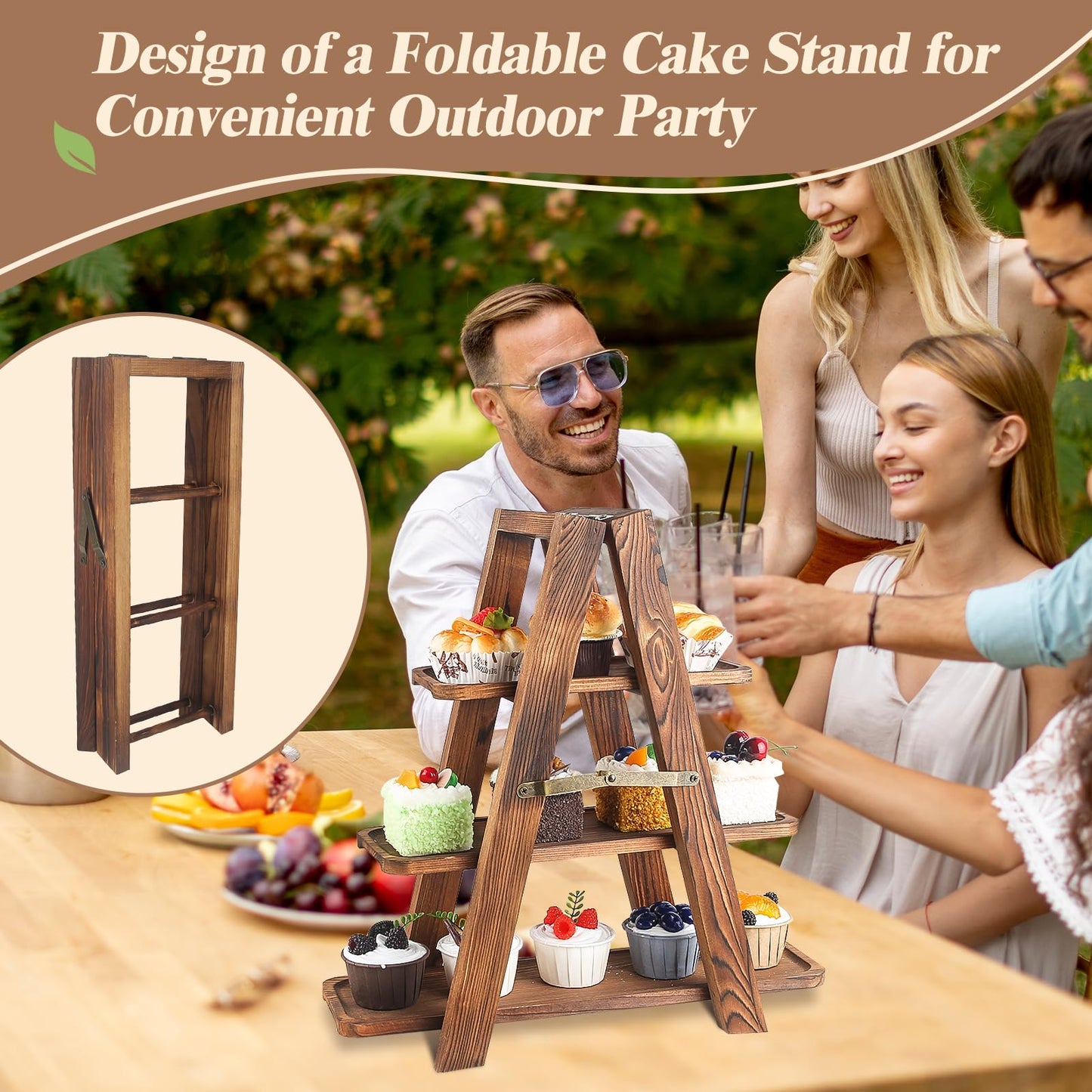 Wisreach Upgraded Large Wooden 3 Tier Swing Cupcake Stand with Flower Decor, Removable Trays, Foldable Ladder Display for Cake, Snacks, Fruit, Bread, Party & Catering Centerpieces