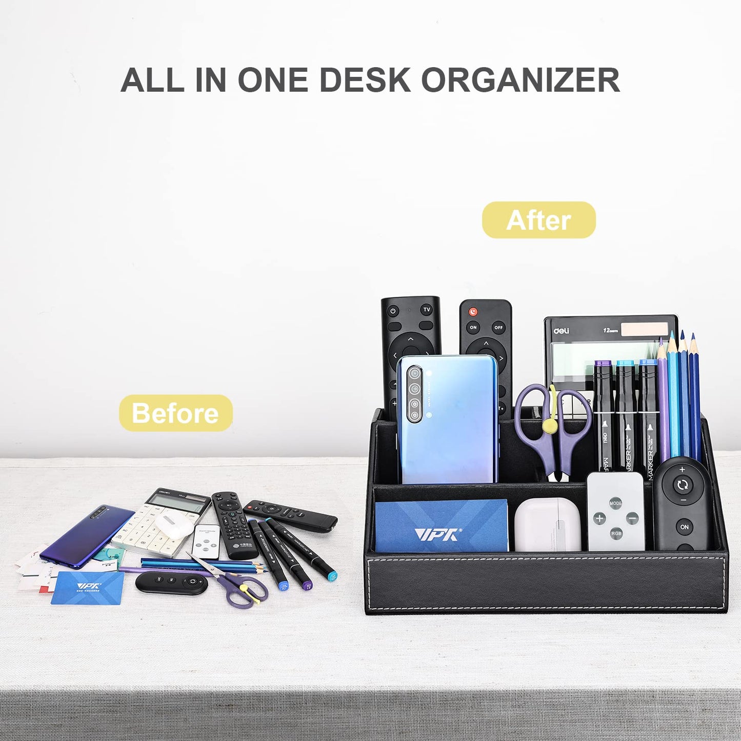 KINGFOM Pu Leather Desk Organizer with 5 Compartments Holder, Multi-Functional Office Supplies Storage Caddy for Pen/Pencil, Phones, Remote Controller and Desktop Accessorie Black