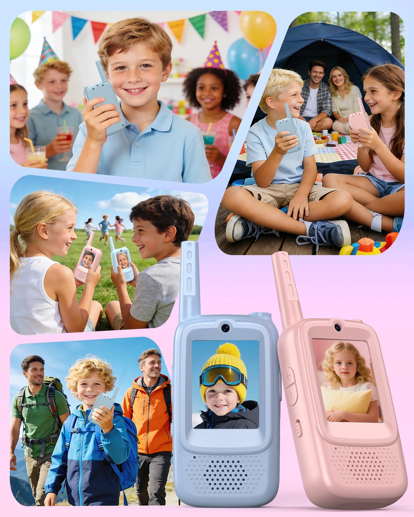 SwiftWi Kids Video Walkie Talkies, 2 Pack with Camera, See Each Other While They Talk, No WiFi No SIM Private Channel, USB-C Rechargeable, Up to 1150 Ft, Ages 3-12, Blue & Pink