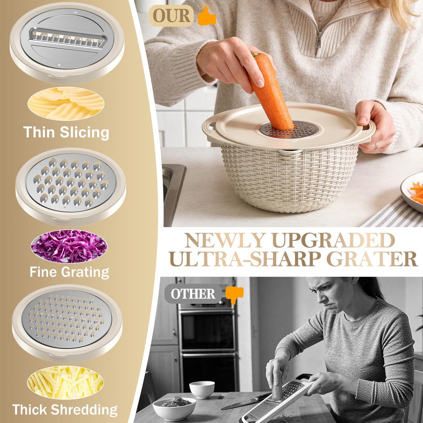 4-1 Colander with Bowl Set - Rotatable Colander for Kitchen (Patented), Upgraded Graters Food Strainers for Pasta Fruits and Vegetables, Funny Presents for Women, Aesthetic Kitchen Gadget - Beige