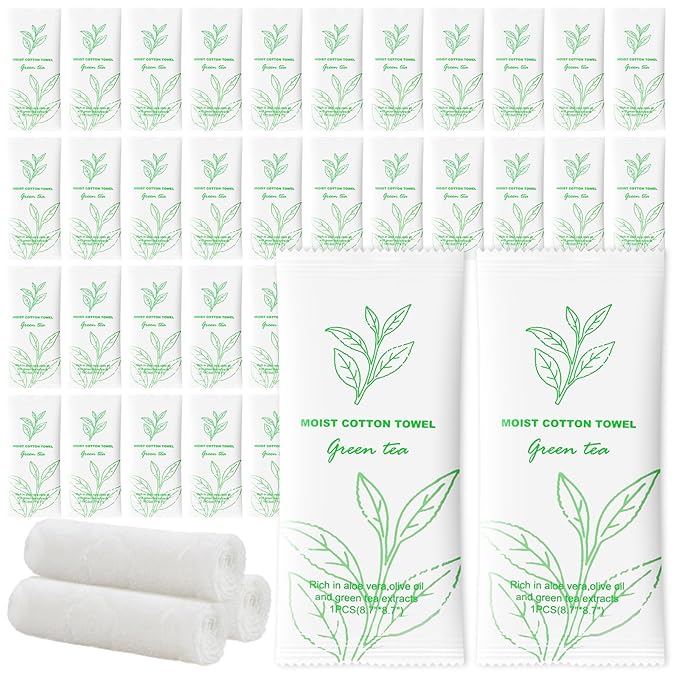 Moist Cotton Towel Bulk Moist Towelettes Individually Wrapped,White Towel Services,Refreshment Pre Moistened Towels for Dentist Travel Sport Party Hotel 100，Green tea