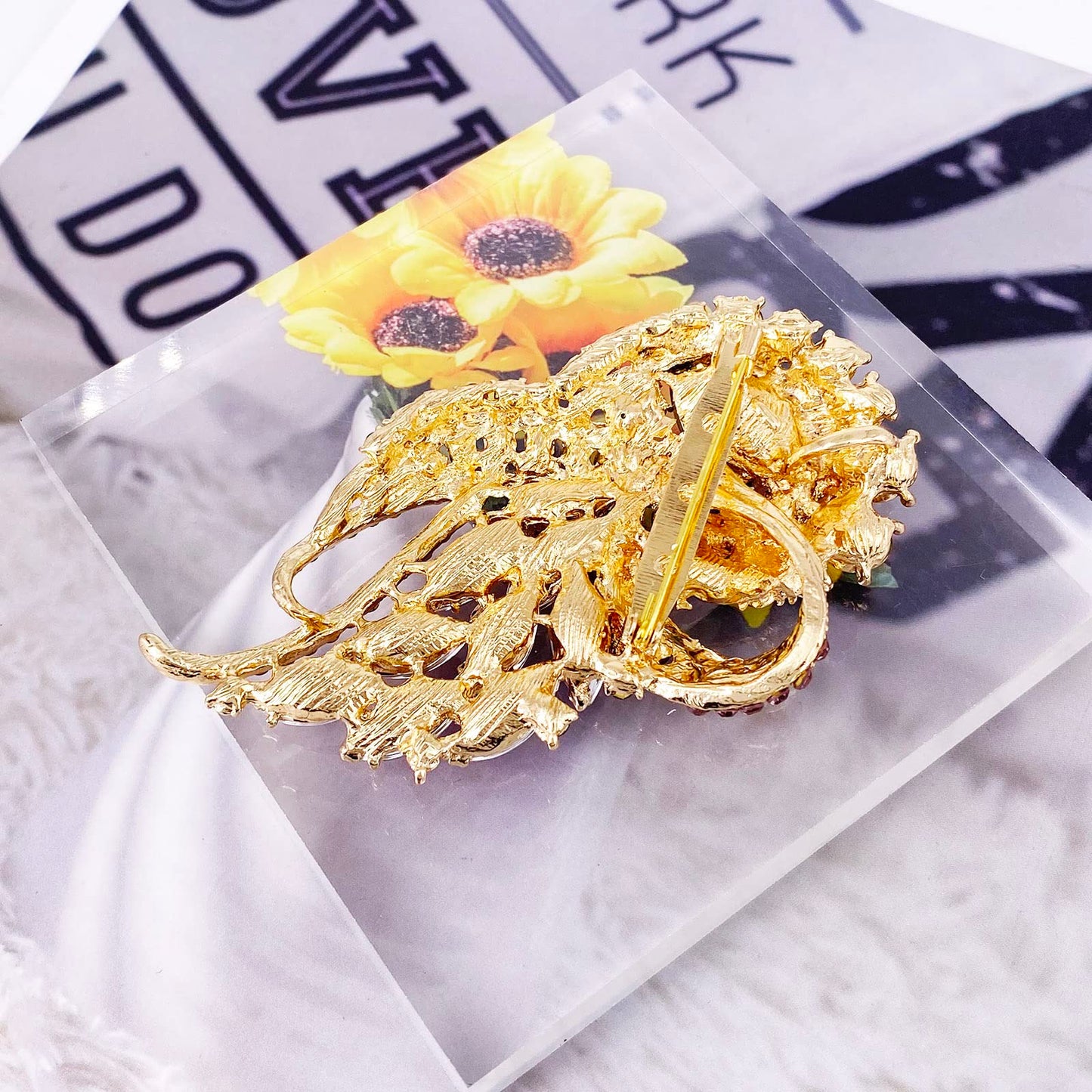 LAXPICOL Women's Vintage Purple Austrian Crystal Elegant Flower Bouquet Wing Brooch Gold Tone