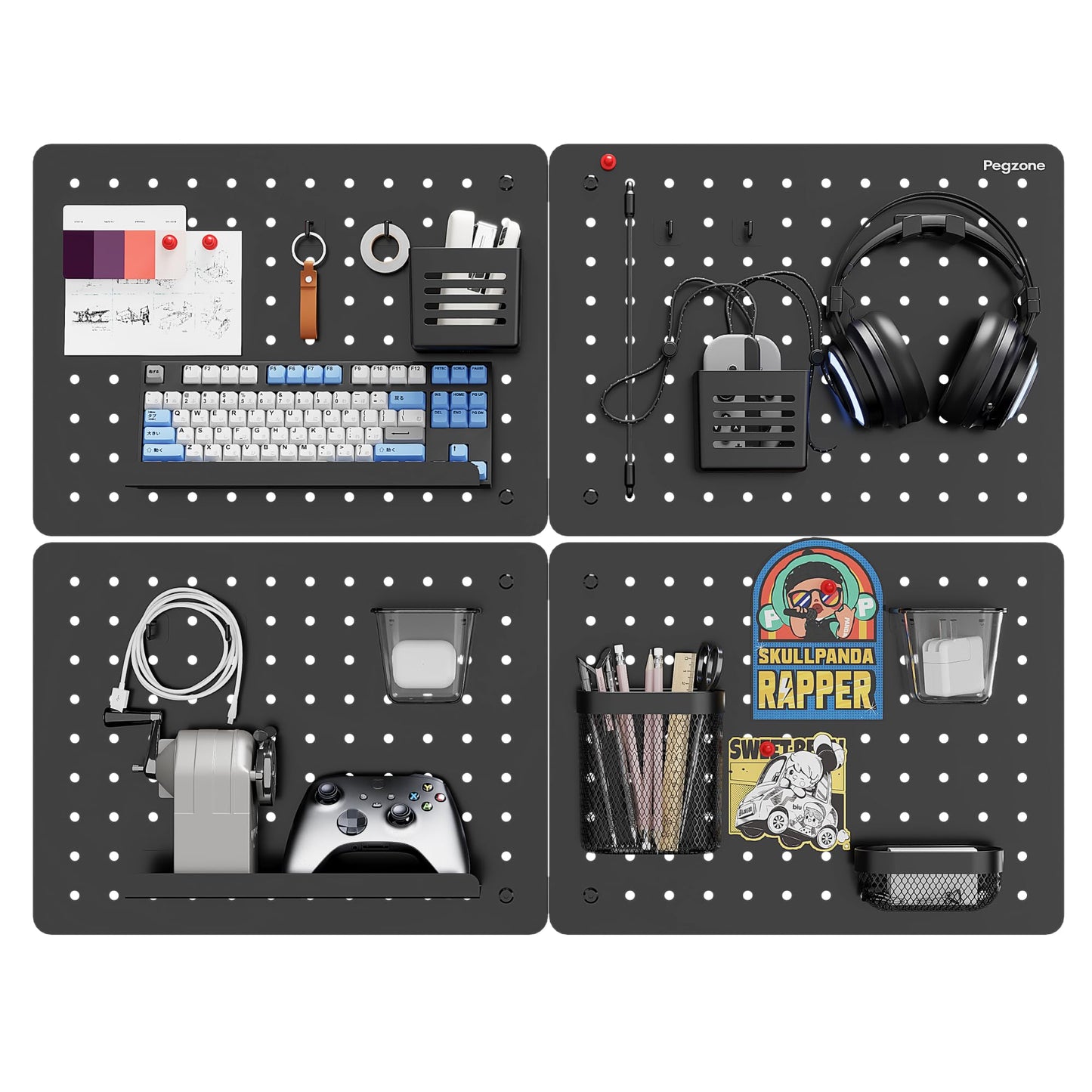 PEGZONE Pegboard Wall Organizer Combination Kit,Overall 33.1"x25.4" Metal Office Pegboard with 21 Accessories, Wall Mounted Peg board Display Panels for Home, Gaming Room, Garage (4Pcs,Black)