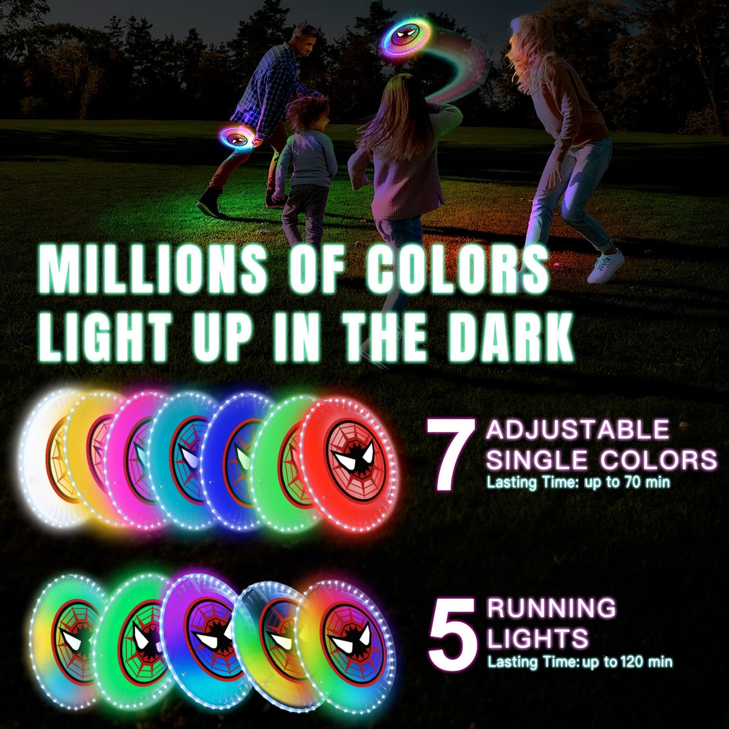 LED Flying Disc with Millions of Colors, Rechargeable, Water-resistant, 42 LEDs, 175g Light Up Disc, 12 Modes, Spider Outdoor Toys for Kids Ages 4-8, Camping Equipment Beach Toys for Adults Boys Teens