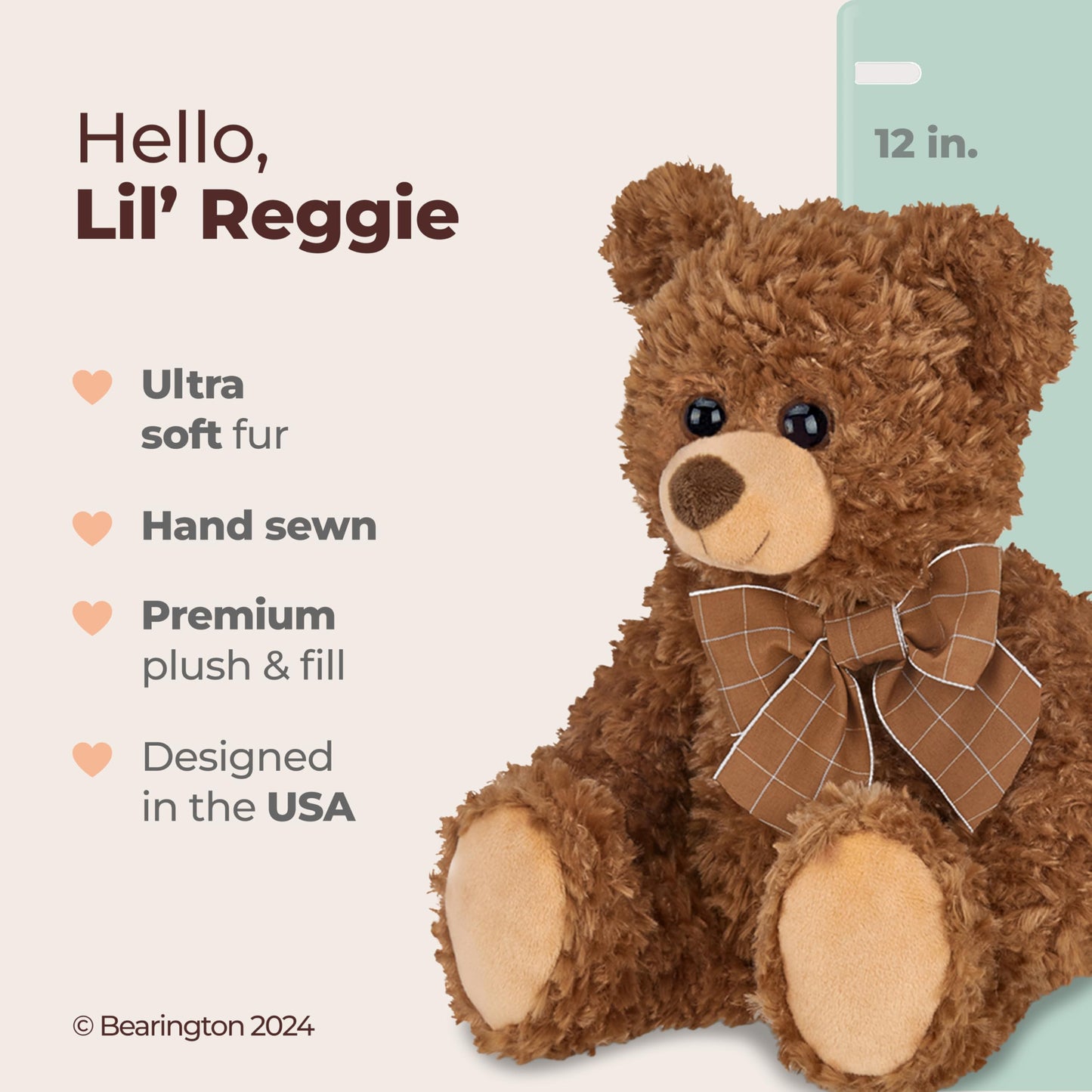 Bearington Lil' Reggie Dark Brown Teddy Bear Stuffed Animal - 12" Plush Brown Poseable Stuffed Bear with Soft Fur, Satin Bow, and Vintage Bears Design - Classic Cuddly Gift for Kids and Adults