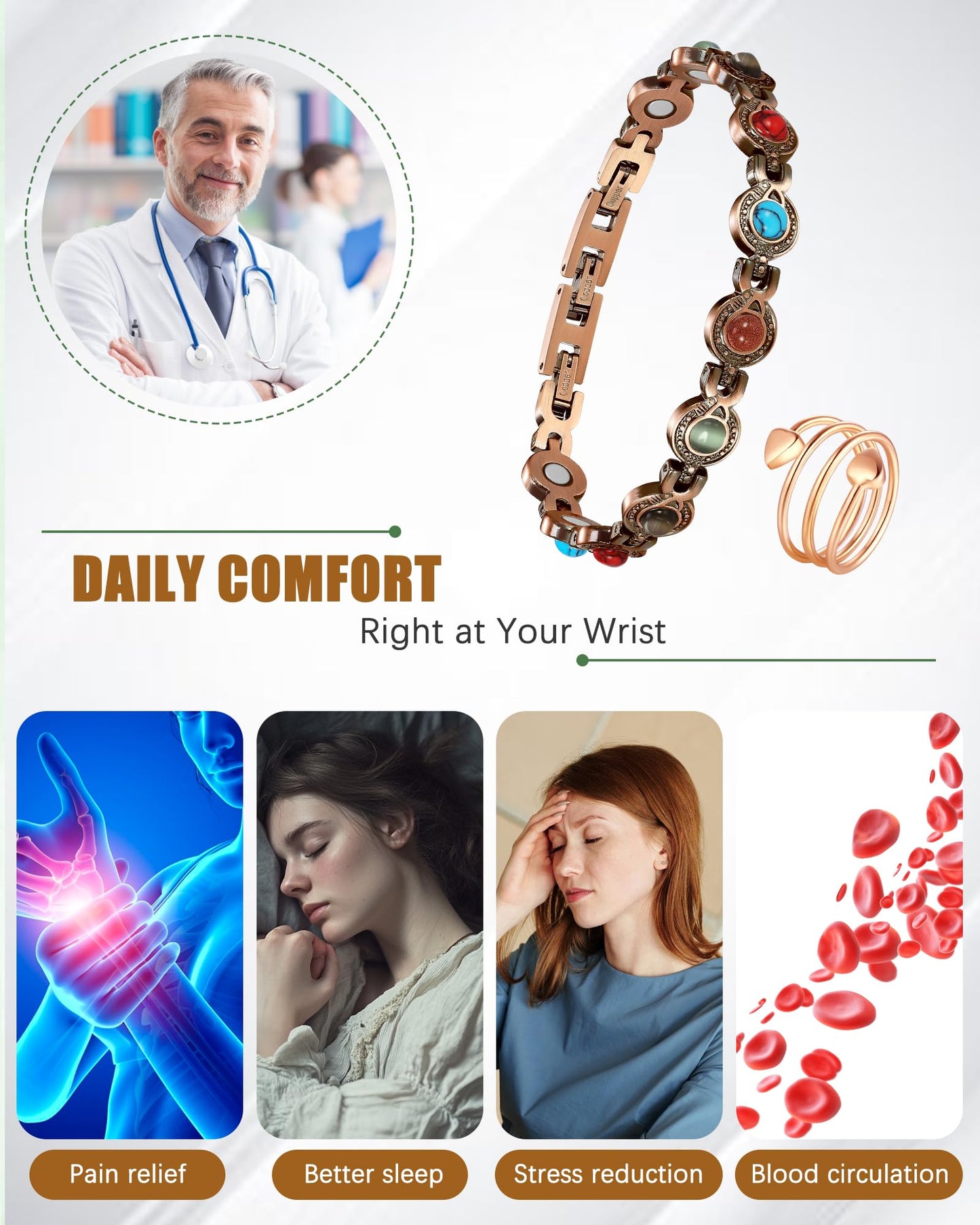 Jeracol Copper Bracelet & Ring for Women, Ultra Strength Magnetic Bracelet with 3800 Gauss Magnets & Natural Turquoise & Stones, Adjustable Length Sizing Tool & Jewelry Box