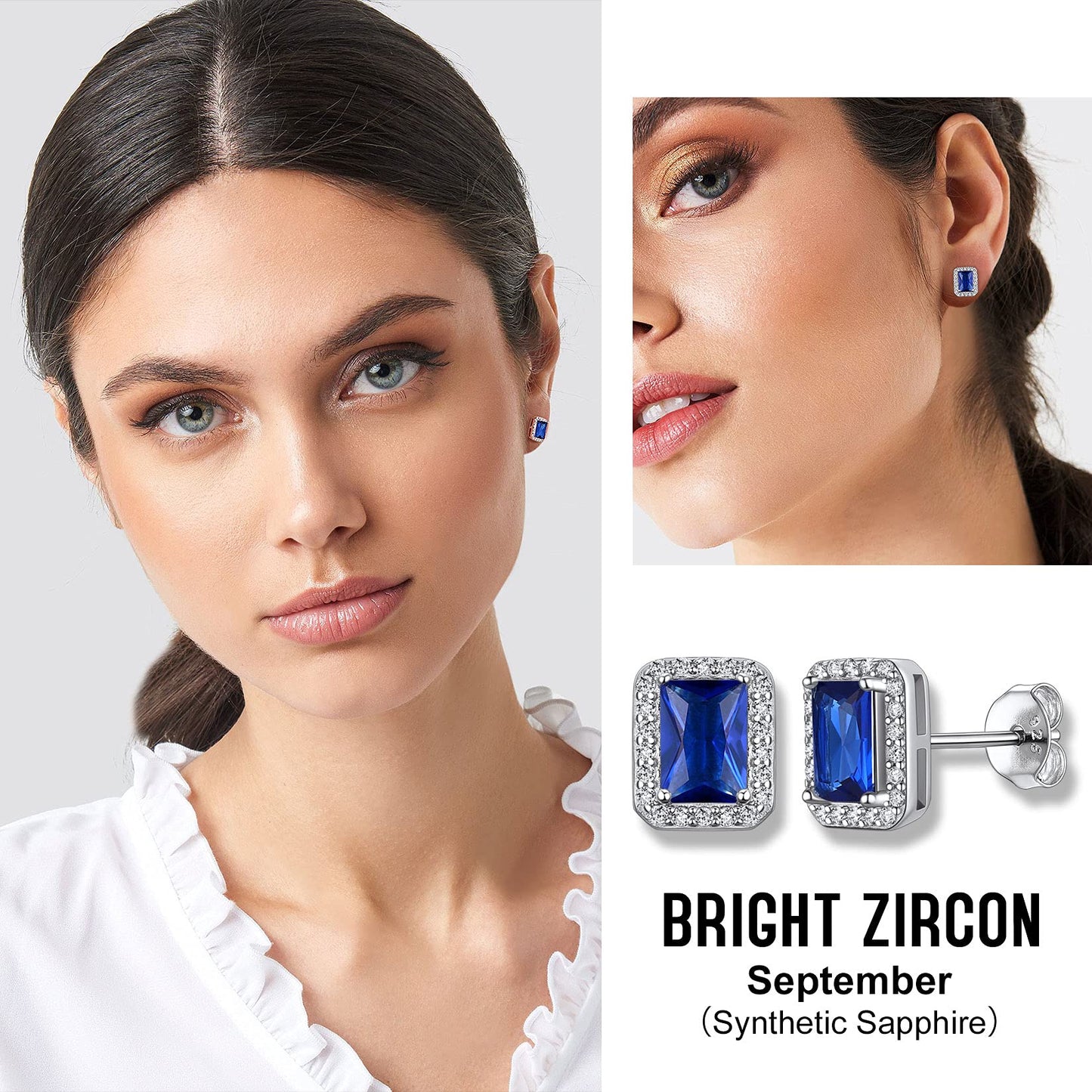 Bestyle Adorable September Sapphire Birthstone Stud Earrings 925 Sterling Silver CZ Square Gemstone Studs Earrings Great Birthday Gift for Wife/Mom/Grandma