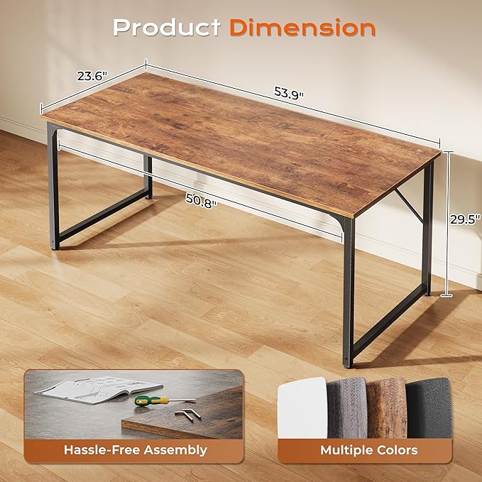 PRAISUN 54 X 24 Inch Computer Desk with Deeper Desktop, Gaming Office Writing Work Desk for Home Office, Study, Bedroom, Work from Home, Metal Frame, Rustic Brown