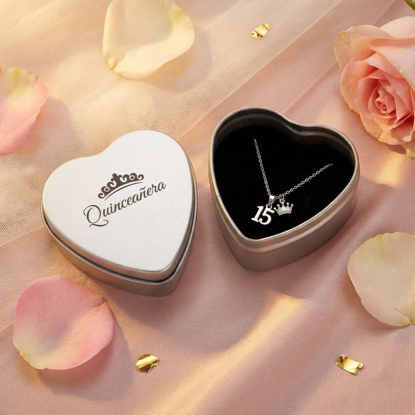 MveLwodx Quinceanera Gifts Heart Jewelry Box, Personalized Custom Jewelry Keepsake Box, Recuerdos de 15 AñOs Small Trinket Crown Box, 15th Birthday Gift Small Keepsake Boxes with Engraved Message