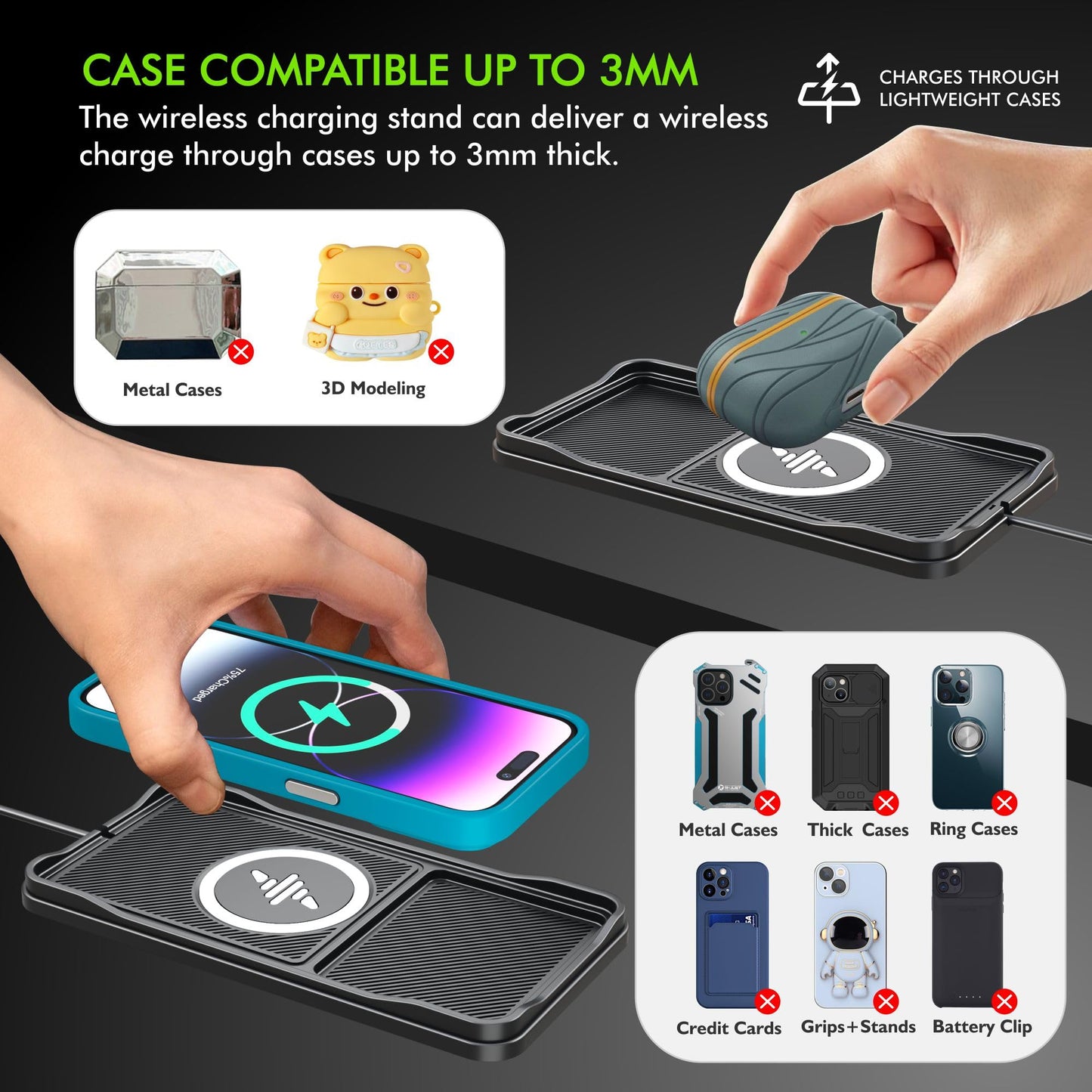 Car Wireless Charger Pad, 15W Fast Non-Slip Wireless Charging Pad for Car with 20W Car Adapter, Compatible with iPhone 17 16 15 14 13 12 Pro Max AirPods,100CM Cable