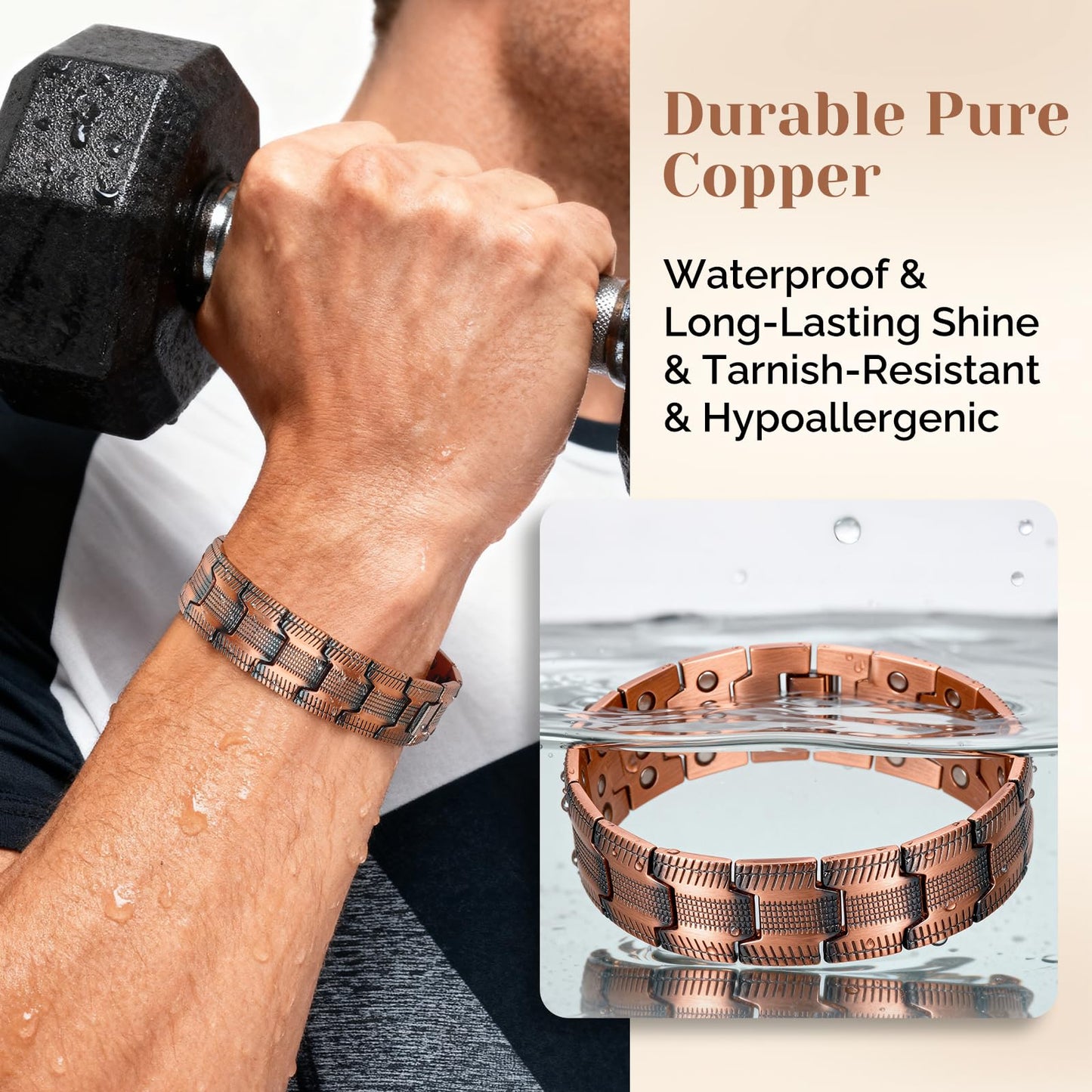 JEROOT Men's 99.99% Pure Copper Magnetic Bracelet, 3500 Gauss Magnets Adjustable with Sizing Tool